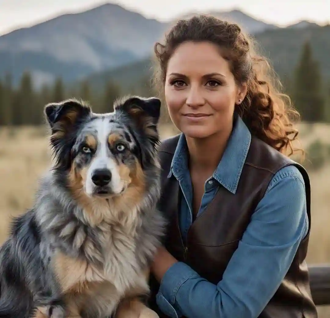 A Western-style female author with curly brown hair, wearing a denim shirt and leather vest, sitting outdoors with her loyal Australian Shepherd dog. The background features scenic mountains and a serene forested landscape.
